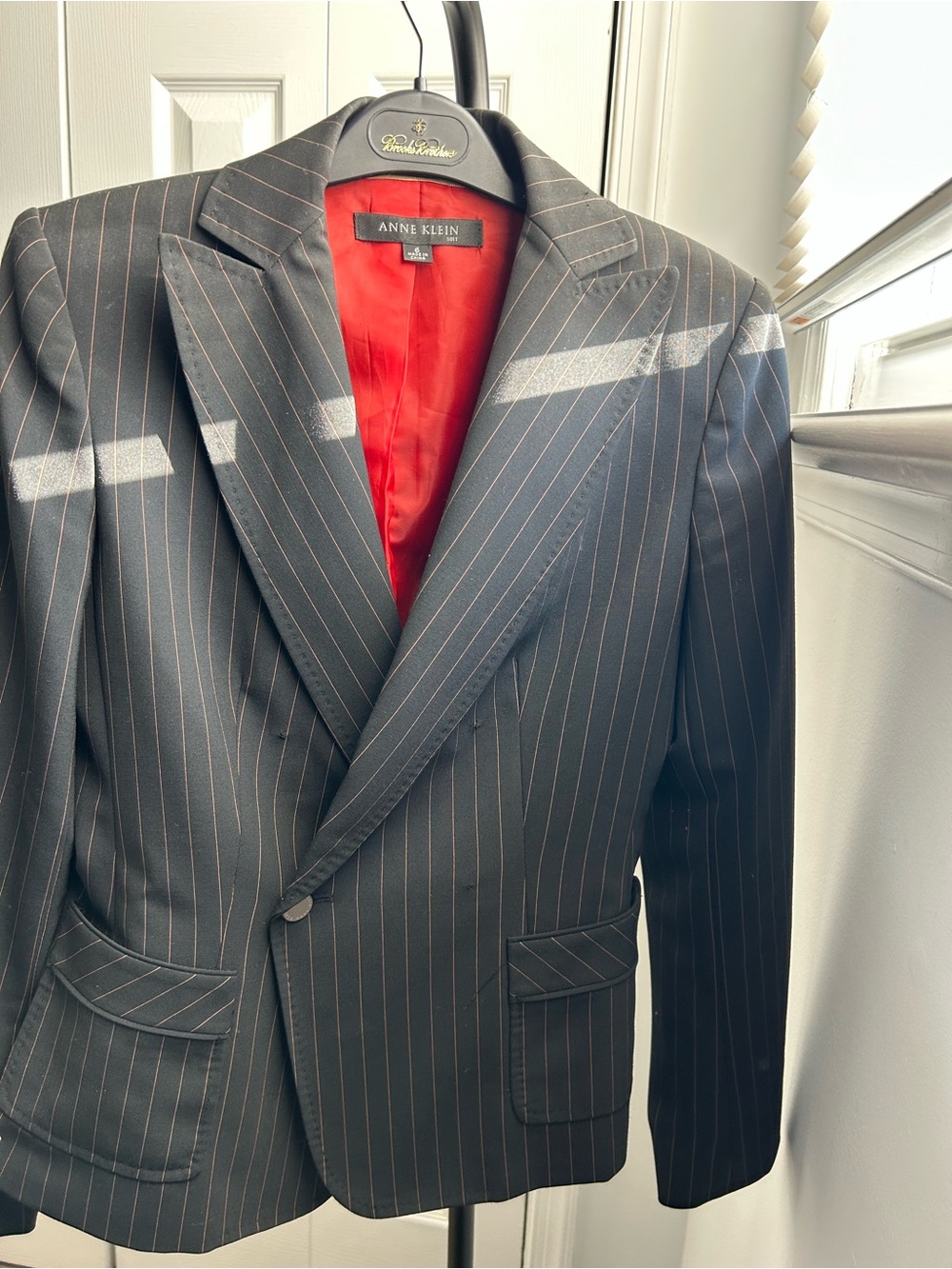 Anne Klein Black Pinstripe Blazer with Red Lining